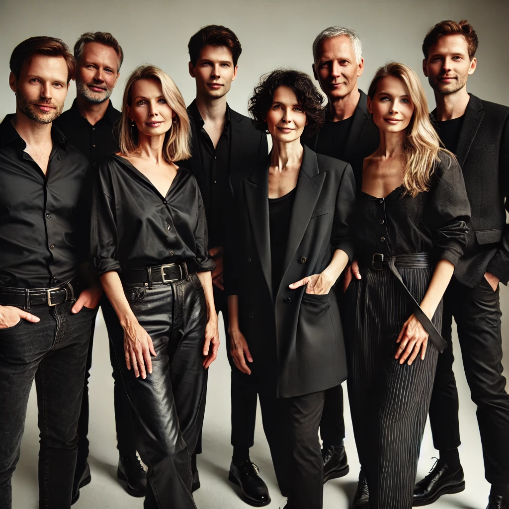 DALL·E 2025-01-16 13.59.51 - A group of seven people in their forties standing together, posing for a photo. They are all dressed in black, wearing a mix of stylish and semi-forma